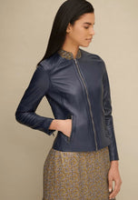 Load image into Gallery viewer, Women's Blue Leather Jacket Crew Neck