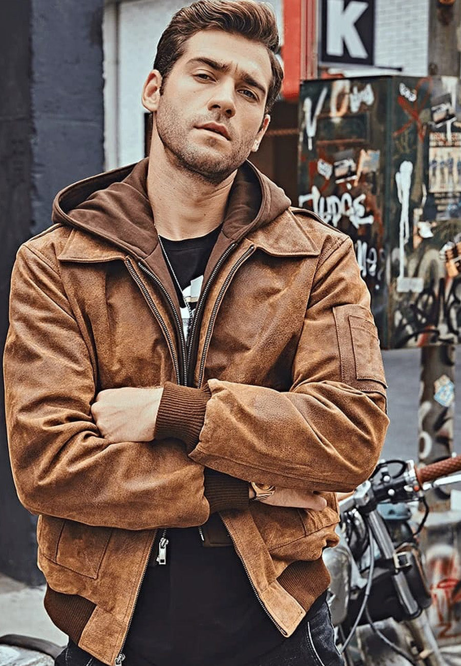 Buy Men's Tan Brown Distressed Leather Removable Hood Bomber Jacket Online