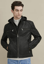 Load image into Gallery viewer, Men’s Black Leather Jacket Removable Hood