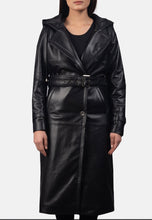 Load image into Gallery viewer, Women's Black Leather Hooded Trench Coat