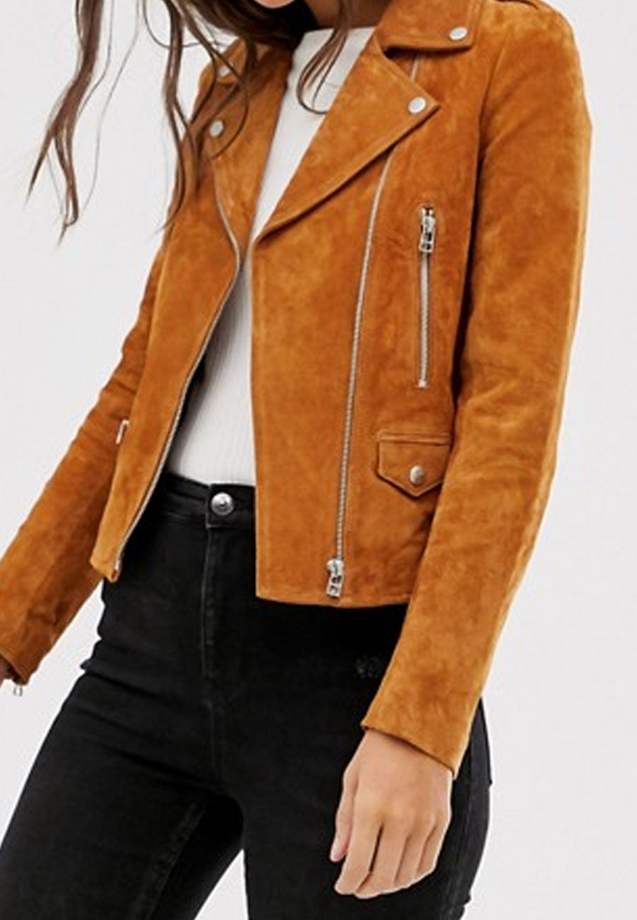 Suede moto hot sale jacket tan