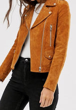 Load image into Gallery viewer, Women’s Tan Brown Suede Leather Biker Jacket