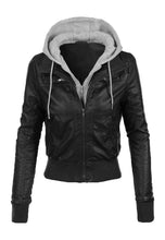 Load image into Gallery viewer, Women's Black Leather Removable Gray Hooded Bomber Jacket