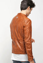 Load image into Gallery viewer, mens brown leather biker jacket
