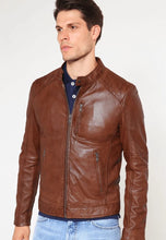 Load image into Gallery viewer, Men's Brown Leather Crew Neck Jacket
