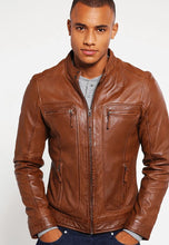 Load image into Gallery viewer, Men's Brown Leather Crew Neck Jacket made from high-quality sheepskin leather, featuring a zip closure, multiple pockets, and a sophisticated crew neck design for durability and style.