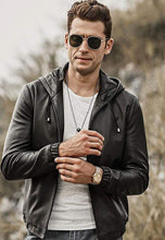 Load image into Gallery viewer, Men's Black Leather Jacket With Hood
