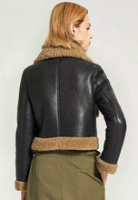 Load image into Gallery viewer, Women’s Black Leather Brown Shearling Big Collared Jacket