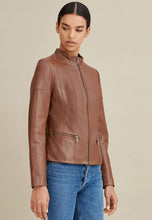 Load image into Gallery viewer, Women's Brown Leather Biker Jacket Crew Neck