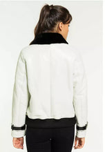 Load image into Gallery viewer, Women’s White Leather Black Collar Shearling Jacket