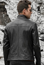 Load image into Gallery viewer, Men's Black Leather Jacket Ban Collar