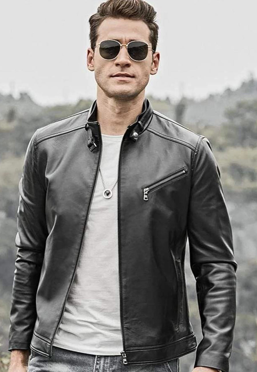 Round neck hotsell black leather jacket