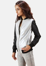 Load image into Gallery viewer, Women's Black & White Leather Bomber Jacket