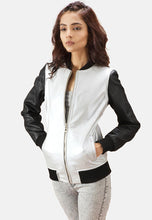 Load image into Gallery viewer, Women's Black & White Leather Bomber Jacket