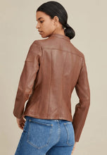 Load image into Gallery viewer, Women's Brown Leather Biker Jacket Crew Neck