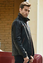Load image into Gallery viewer, Men's Black Leather Jacket With Red Stripes