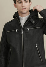 Load image into Gallery viewer, Men’s Black Leather Jacket Removable Hood