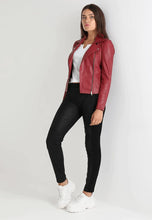 Load image into Gallery viewer, Women's Red Leather Biker Jacket