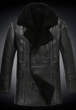 Load image into Gallery viewer, Men’s Black Leather Shearling Long Coat