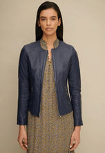 Load image into Gallery viewer, Women's Blue Leather Jacket Crew Neck