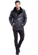 Load image into Gallery viewer, Men’s Black Leather Shearling Long Coat