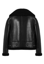 Load image into Gallery viewer, Women’s Black Leather Black Shearling Big Collared Jacket