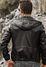 Load image into Gallery viewer, Men's Black Leather Jacket With Hood