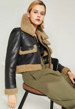 Load image into Gallery viewer, Women’s Black Leather Brown Shearling Big Collared Jacket