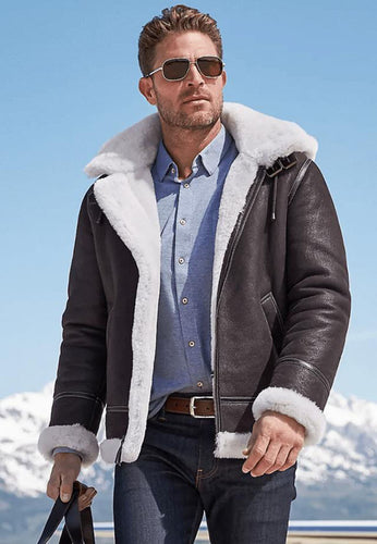 Men's Dark Brown Leather White Shearling Jacket made from premium sheepskin leather, featuring a collared neckline, zip closure, and multiple pockets, perfect for warmth and style.