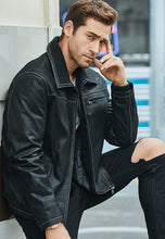 Load image into Gallery viewer, Men's Black Leather Collared Trucker Jacket