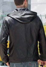 Load image into Gallery viewer, Men's Black Leather Jacket With Hood