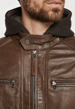 Load image into Gallery viewer, Men's Chocolate Brown Leather Jacket Removable Hood