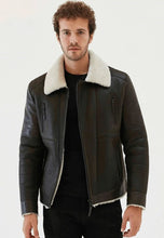 Load image into Gallery viewer, men black leather jacket fur collar