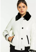 Load image into Gallery viewer, Women’s White Leather Black Collar Shearling Jacket