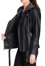 Load image into Gallery viewer, Women's Black Leather Hooded Biker Jacket