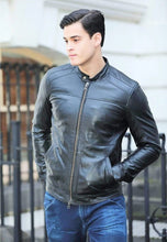Load image into Gallery viewer, Men's Black Leather Jacket Crew Neck