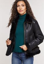 Load image into Gallery viewer, Women’s Black Leather Removable Hood Shearling Jacket