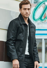 Load image into Gallery viewer, Men's Black Leather Collared Trucker Jacket