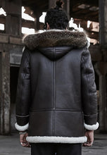 Load image into Gallery viewer, Men’s Black Leather White Shearling Removable Hooded Long Coat