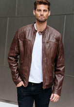 Load image into Gallery viewer, Men’s Maroon Leather Biker Jacket Crew Neck