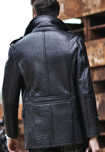 Load image into Gallery viewer, Men’s Black Leather Shearling Long Coat
