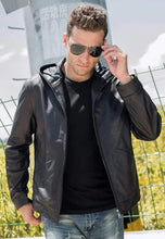 Load image into Gallery viewer, Men's Black Leather Jacket With Hood
