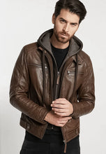 Load image into Gallery viewer, Men's Chocolate Brown Leather Jacket Removable Hood