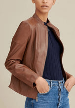 Load image into Gallery viewer, Women's Brown Leather Biker Jacket Crew Neck