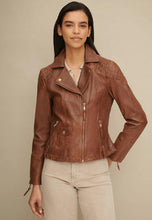 Load image into Gallery viewer, Women's Tan Brown Leather biker jacket