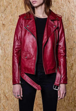 Load image into Gallery viewer, Women's Dark Red Leather Biker Jacket