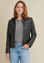 Load image into Gallery viewer, Women's Black Leather Hooded Biker Jacket
