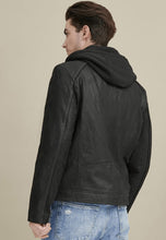 Load image into Gallery viewer, Men’s Black Leather Jacket Removable Hood