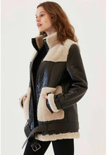 Load image into Gallery viewer, Women’s Black Leather Shearling Long Coat