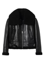 Load image into Gallery viewer, Women’s Black Leather Black Shearling Big Collared Jacket
